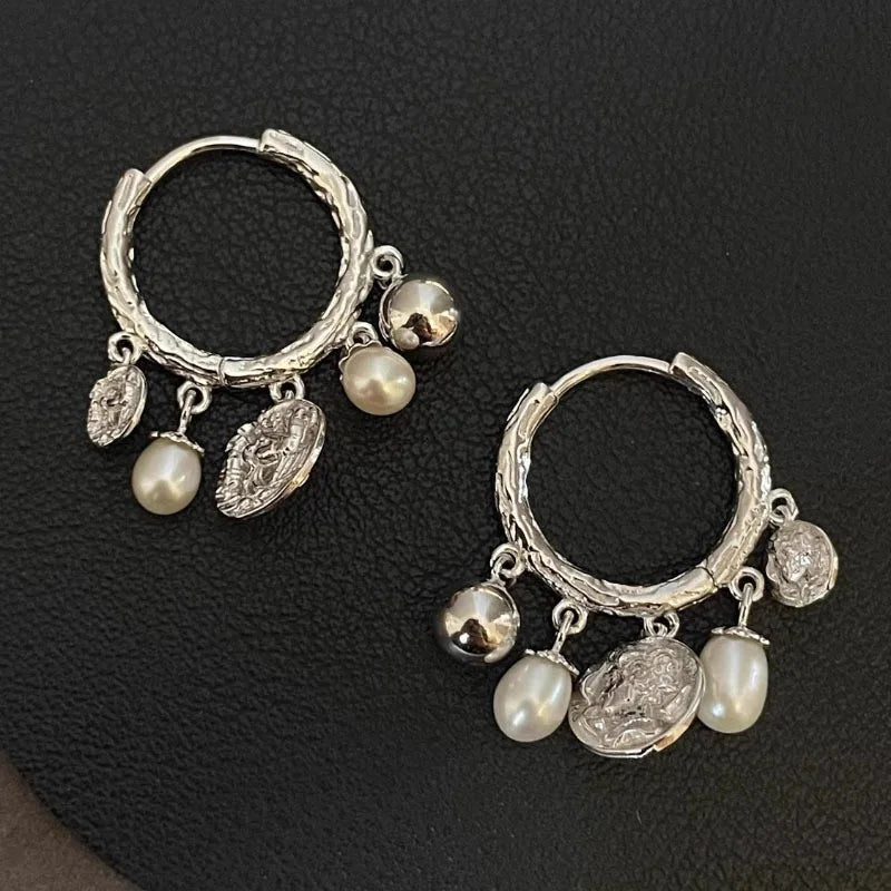 Faux Pearl Bead Hoop Earrings in 925 Sterling Silver