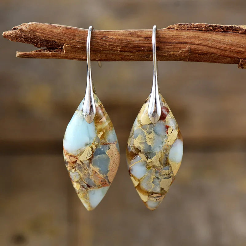 Bohemia Gold Plated Multicolored Natural Stone Leaf Drop Earrings