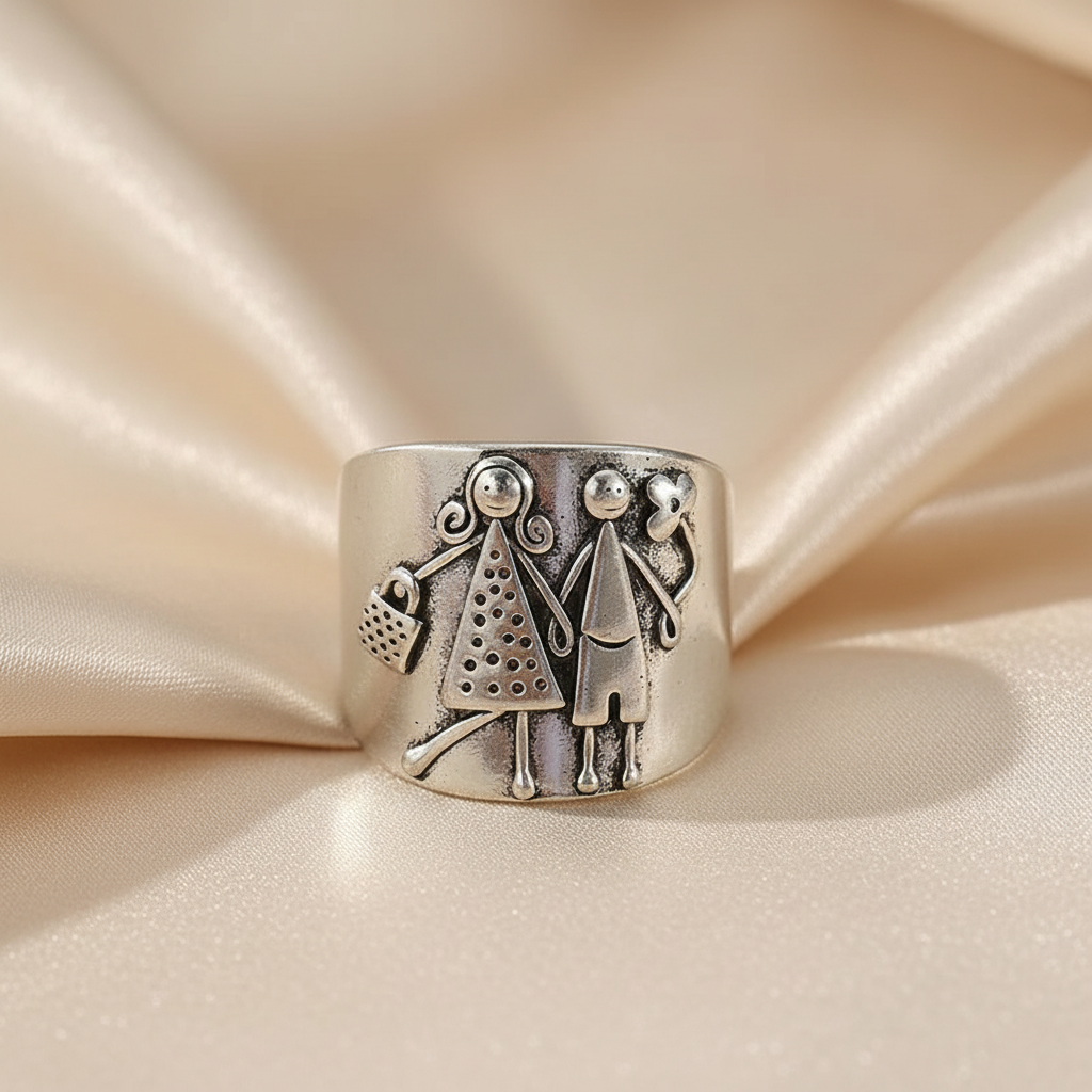 Vintage Silver-Plated Copper Ring – Sculpted Couple Holding Hands