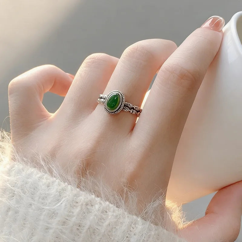 925 Sterling Silver Green Gemstone Adjustable Ring