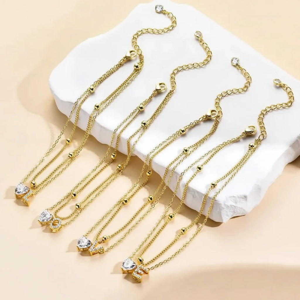 Initial 14K Gold-Plated Stainless-Steel Cubic Zirconia Heart Anklet