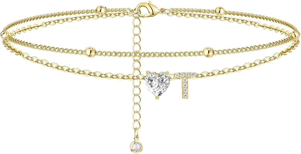 Initial 14K Gold-Plated Stainless-Steel Cubic Zirconia Heart Anklet