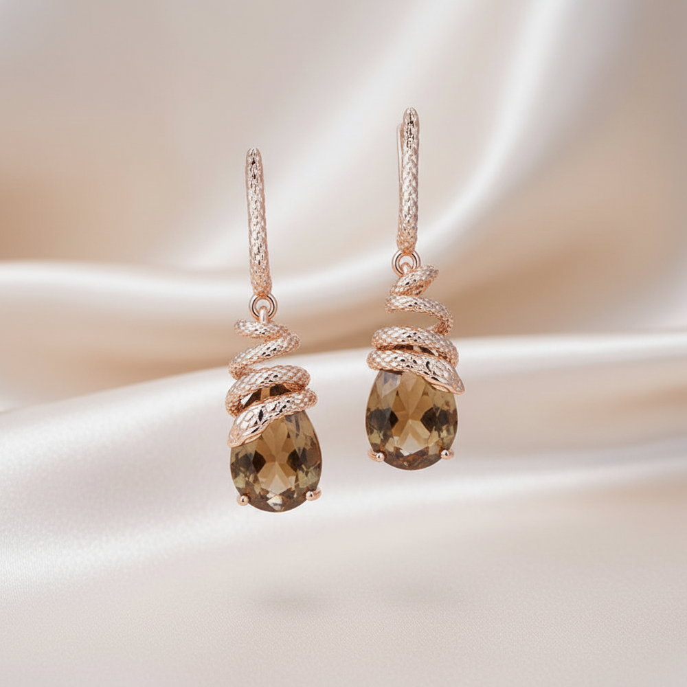14K Rose Gold Plated Copper Snake Dangle Earrings with Natural Brown Zircon
