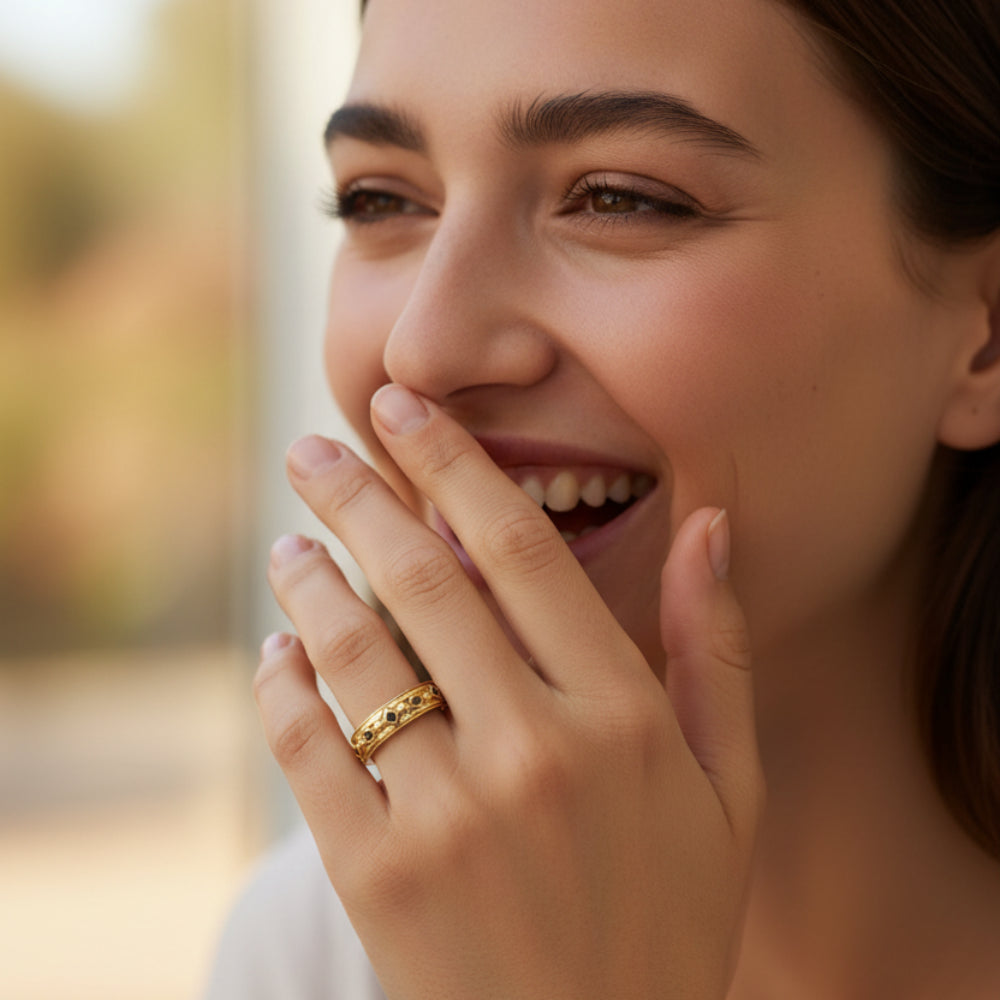 Black Zircon Geometric Band Ring in 925 Sterling Silver & Yellow Gold Plating