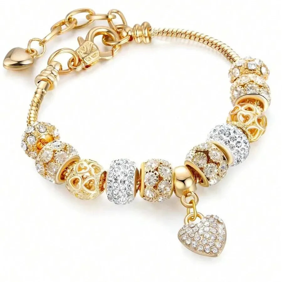 Love Heart Flower Crystal Pendant Charm Copper Bracelet