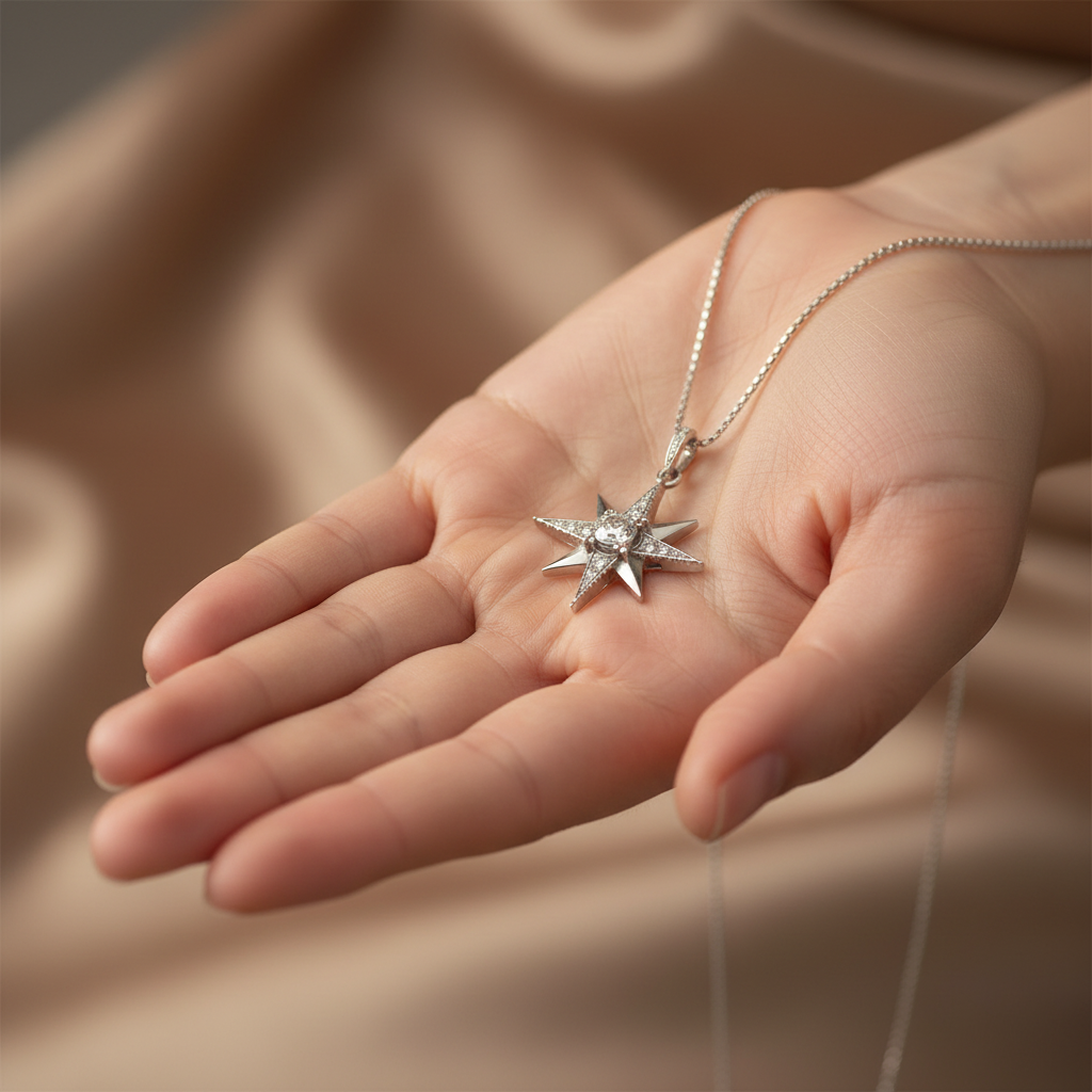Royalty Magic Star Pendant Link Chain Necklace in 925 Silver Plating with Zircons