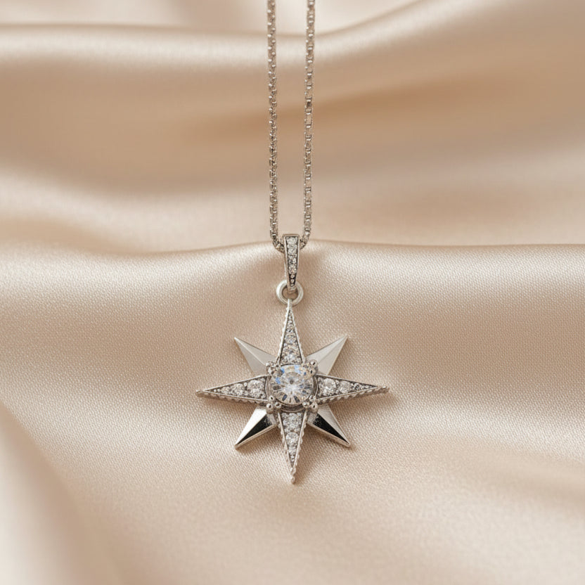 Royalty Magic Star Pendant Link Chain Necklace in 925 Silver Plating with Zircons