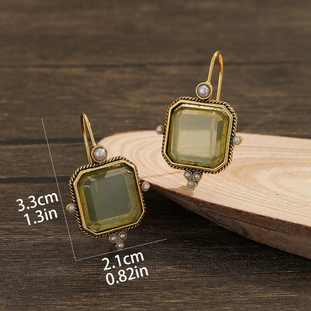 Retro Geometric Crystal Drop Earrings – Green & Blue Gems with Faux Pearls in Copper
