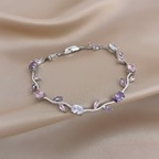 Pink/Purple Zircon Flower Leaf Silver Chain Bracelet in Copper - Elegant, Feminine