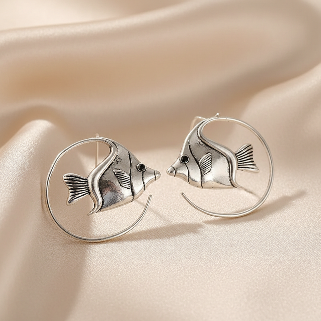 Vintage-Inspired Fish Circle Earrings in Copper Alloy