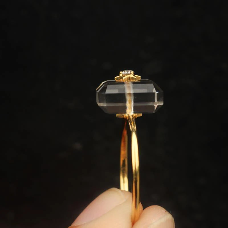 Chalcedony Crystal Rectangular Adjustable Ring in Gold Plated Copper