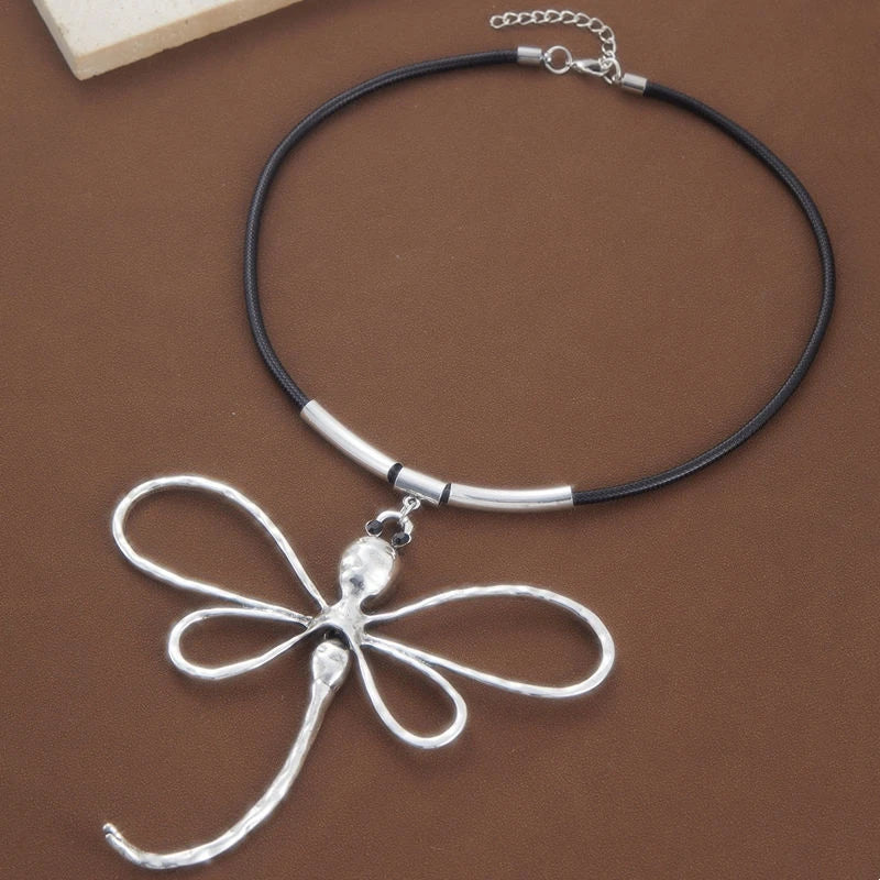 Black Cord Choker Necklace with Large Dragonfly Alloy Pendant