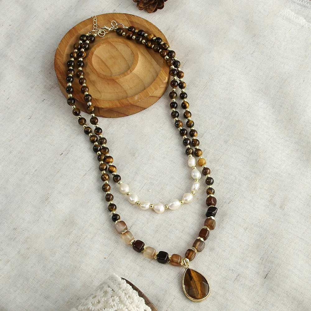 Boho Tiger Eye, Indian Agate & Pearl Layered Necklace