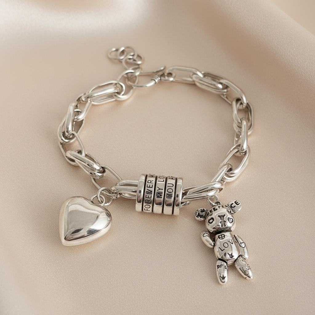 Solid 925 Sterling Silver Charm Bracelet Heart Teddy Love