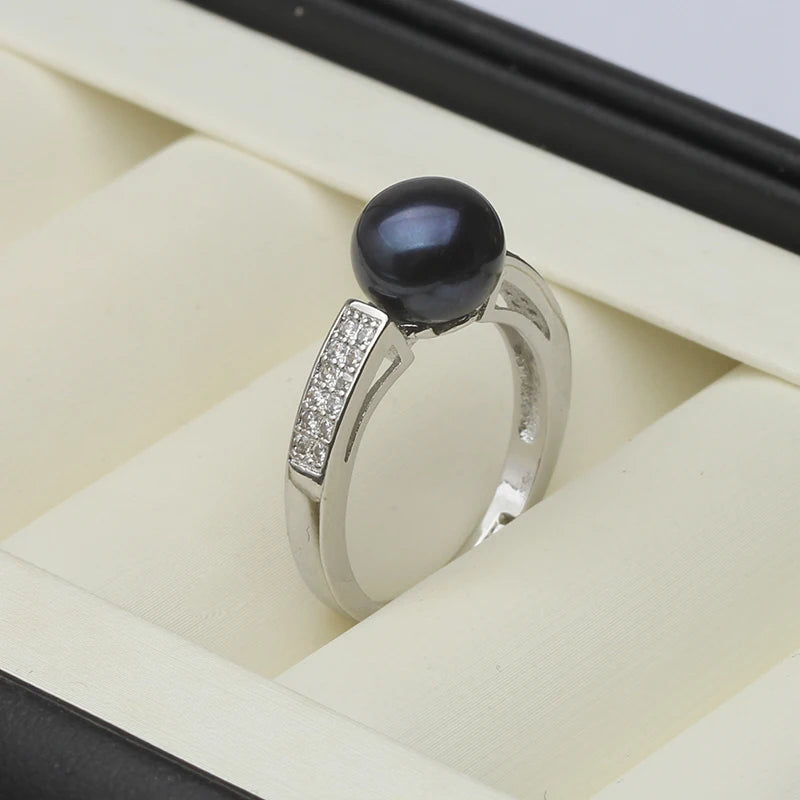Genuine Freshwater Pearl Zircon Adjustable 925 Sterling Silver Ring