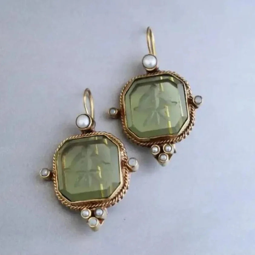 Retro Geometric Crystal Drop Earrings – Green & Blue Gems with Faux Pearls in Copper
