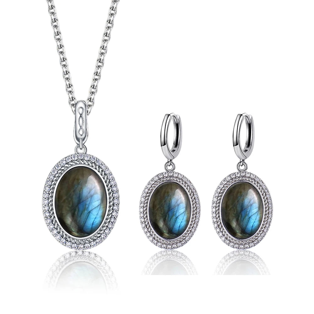 925 Sterling Silver Natural Moonstone Pendant & Earrings Set - Choose Your Stone