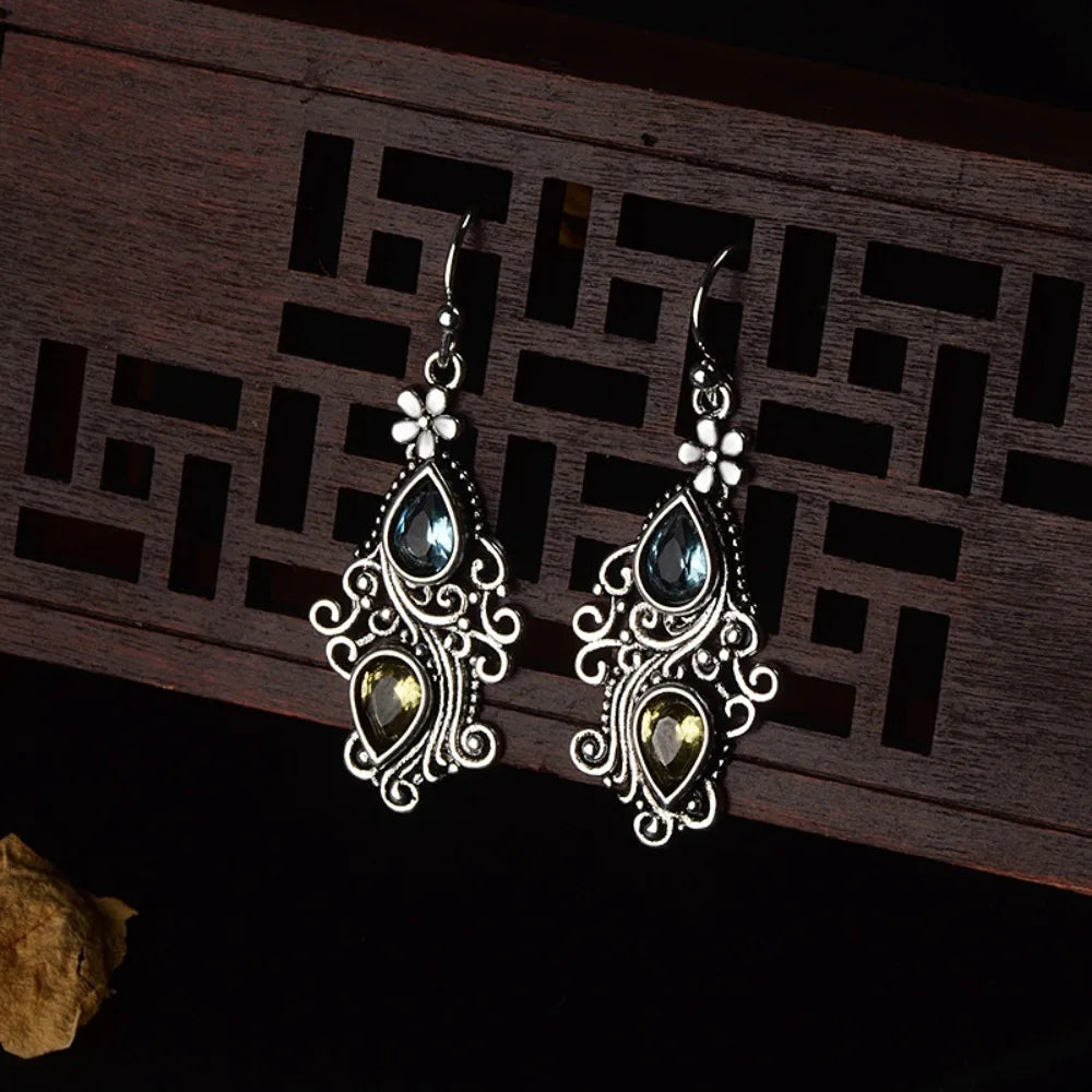 Vintage-Inspired Blue & Brown Topaz Floral Drop Dangle Earrings