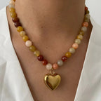 18K Gold-Plated Steel Necklace – Boho Brown & Orange Natural Stone