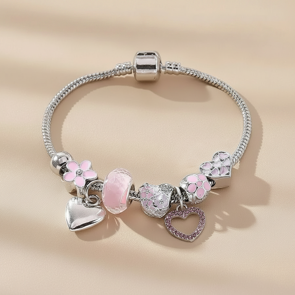 Love Heart Flower Crystal Pendant Charm Copper Bracelet