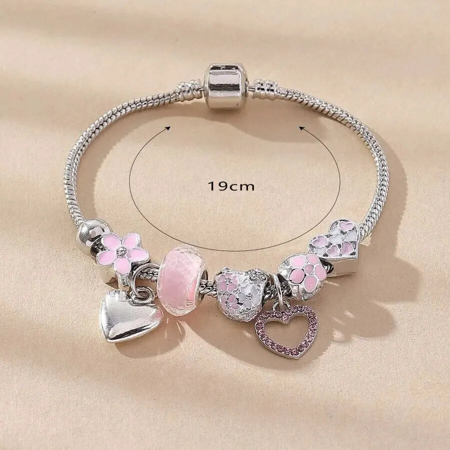 Love Heart Flower Crystal Pendant Charm Copper Bracelet
