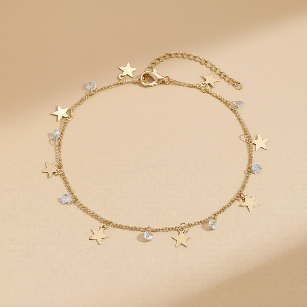 Gold Tone Stainless Steel Zircon Star Anklet - Refined, Elegant