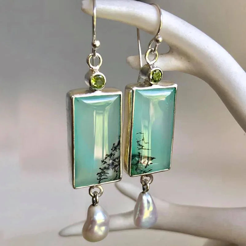 Vintage-Inspired Green Opal Earrings – Natural Pearl & CZ Accents