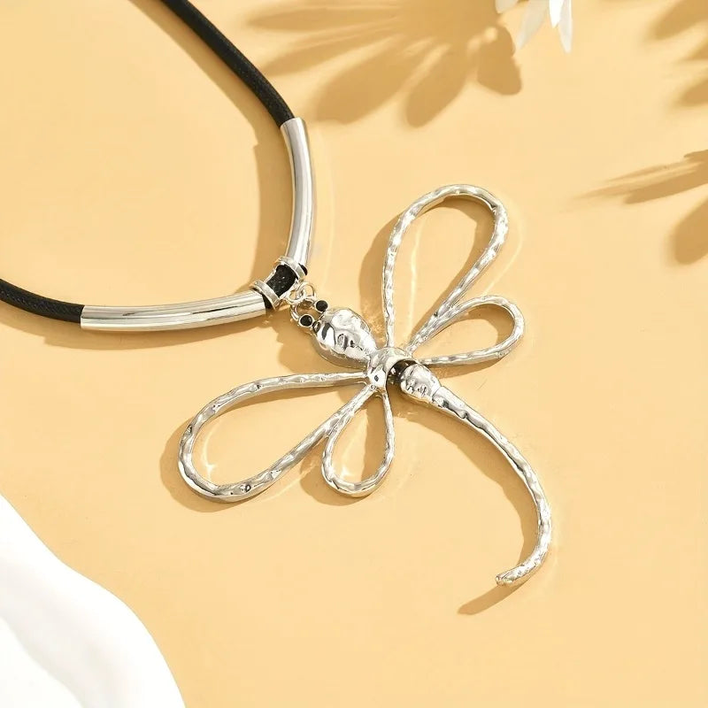 Black Cord Choker Necklace with Large Dragonfly Alloy Pendant