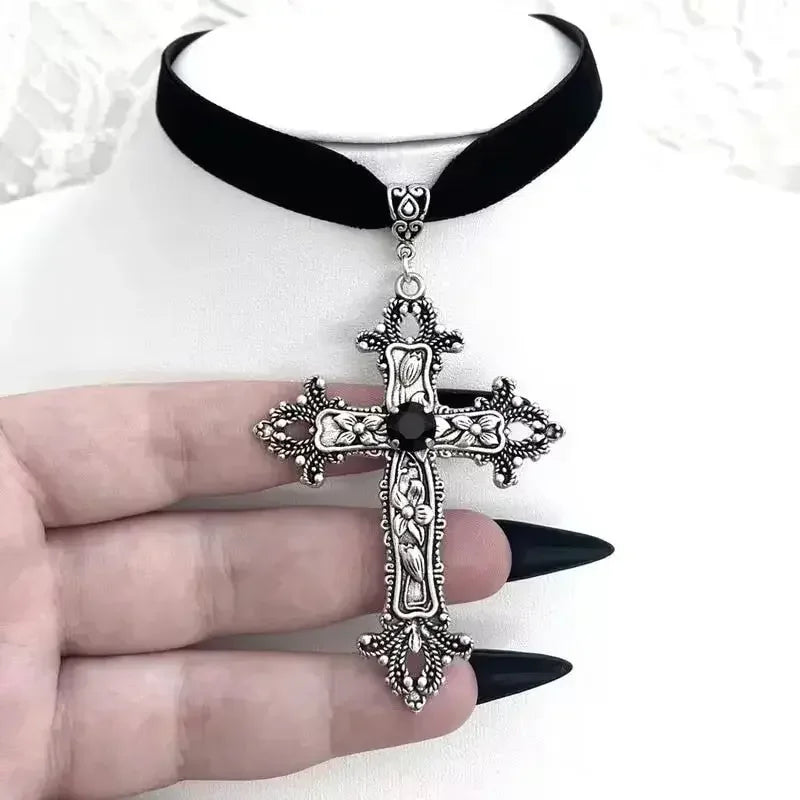 Vampire Goth Large Rhinestone Zinc Alloy Cross Ribbon Choker