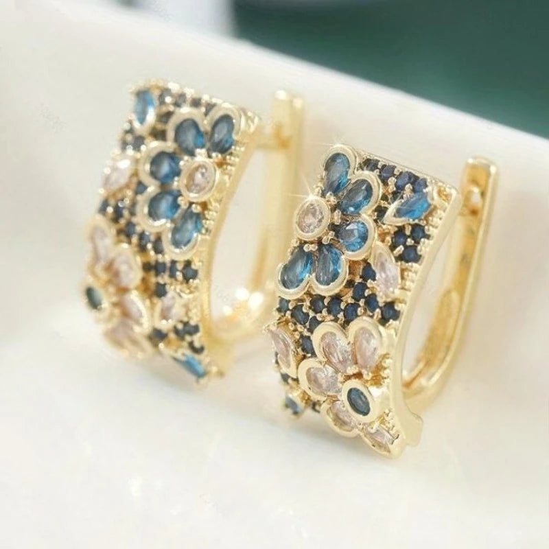 Retro Blue Zircon Flower Hoop Alloy Earrings