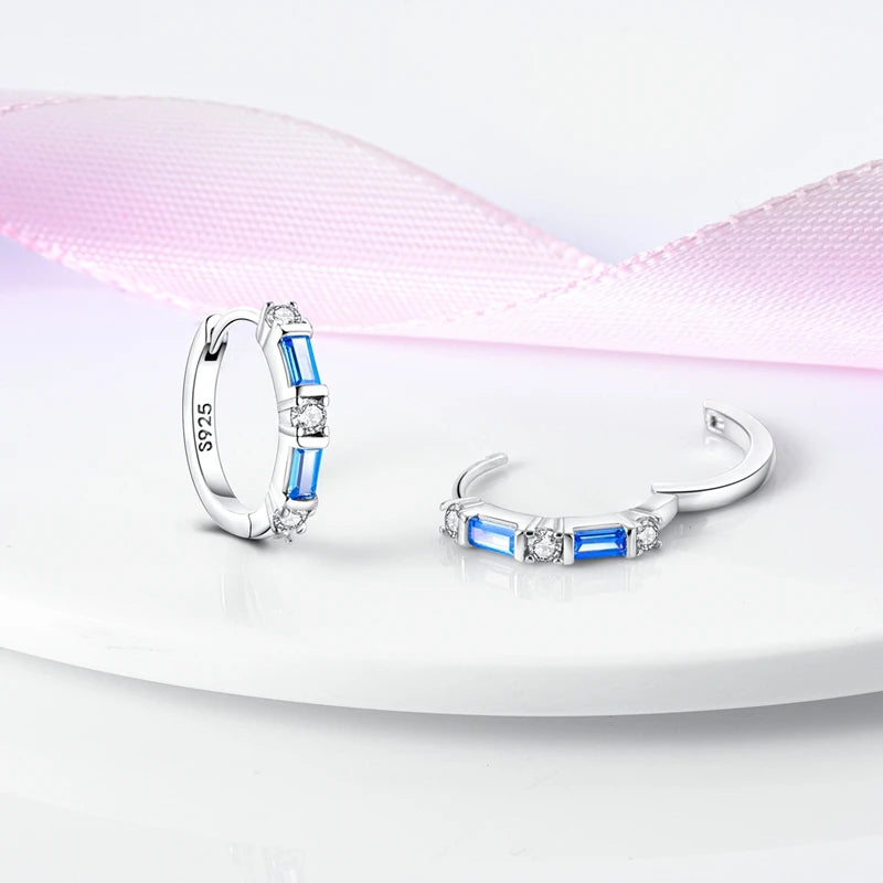 Blue Clear Zircon Hoop Earrings in 925 Sterling Silver