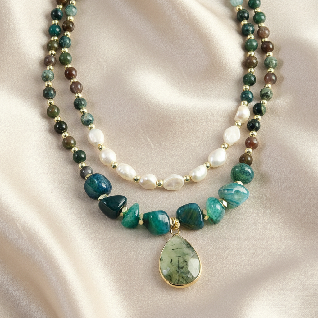 Boho Tiger Eye, Indian Agate & Pearl Layered Necklace