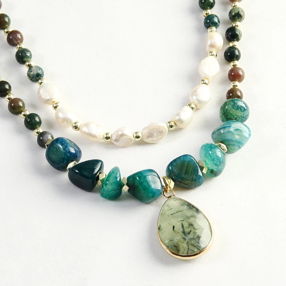 Boho Tiger Eye, Indian Agate & Pearl Layered Necklace