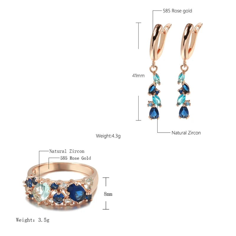 14K Rose Gold Plated Copper Earrings & Ring Set with Blue Zircons
