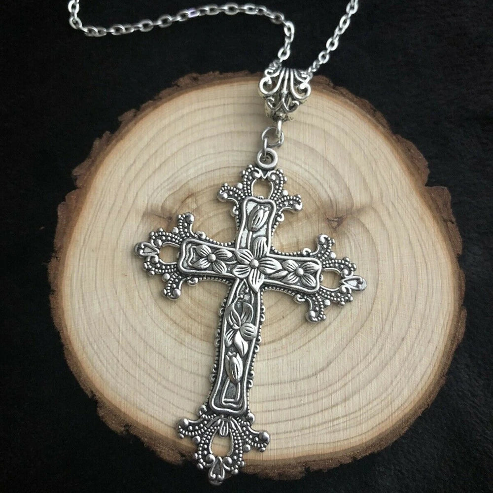 Large Gothic Victorian Flower Detailed Cross Zinc Alloy Necklace