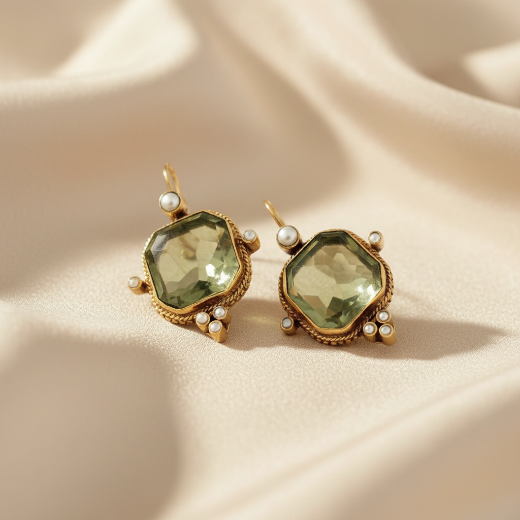 Retro Geometric Crystal Drop Earrings – Green & Blue Gems with Faux Pearls in Copper