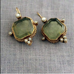Retro Geometric Crystal Drop Earrings – Green & Blue Gems with Faux Pearls in Copper