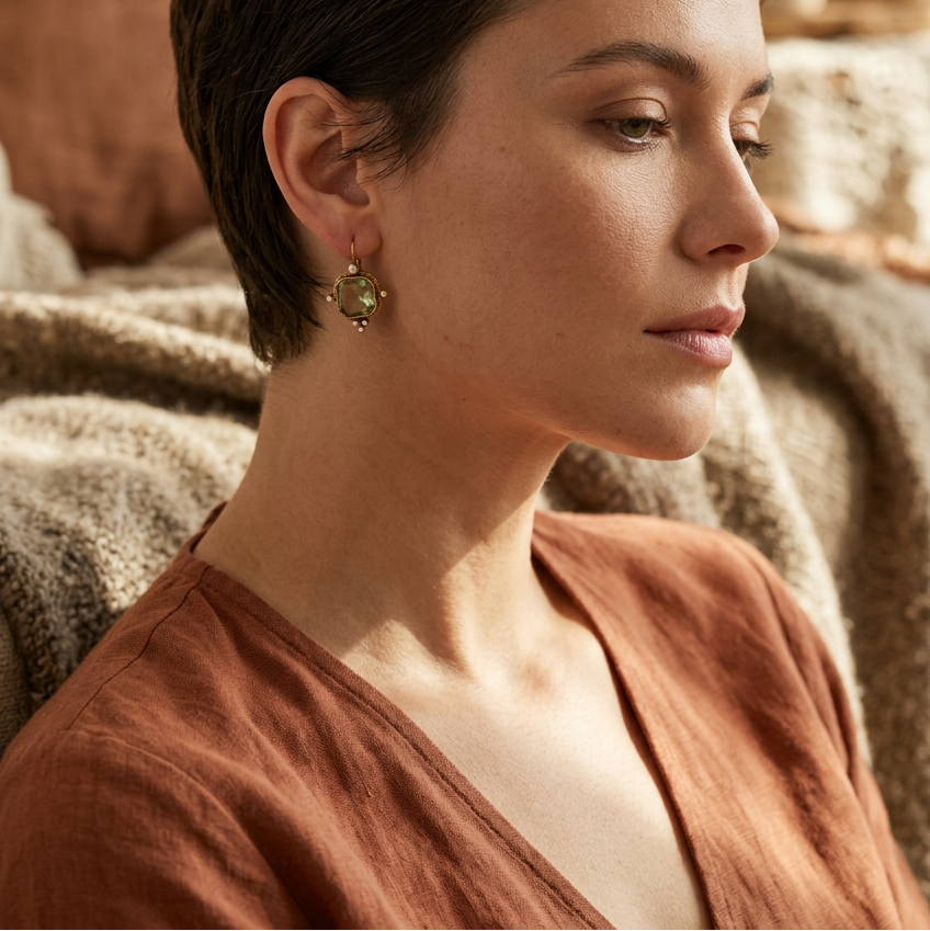 Retro Geometric Crystal Drop Earrings – Green & Blue Gems with Faux Pearls in Copper