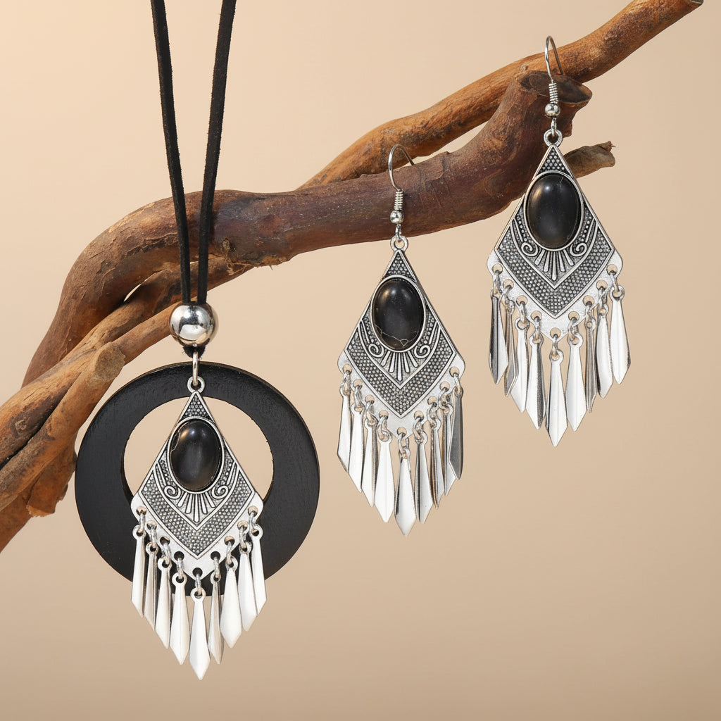 Bold Bohemian Style Alloy Spiral Pendant Necklace & Earrings