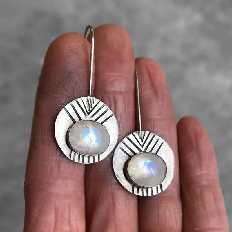 Vintage Moonstone Statement Earrings – Large Round White Stone Boho Design