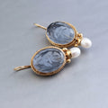 Retro Geometric Crystal Drop Earrings – Green & Blue Gems with Faux Pearls in Copper