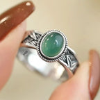 925 Sterling Silver Adjustable Green Cabochon Stone Ring