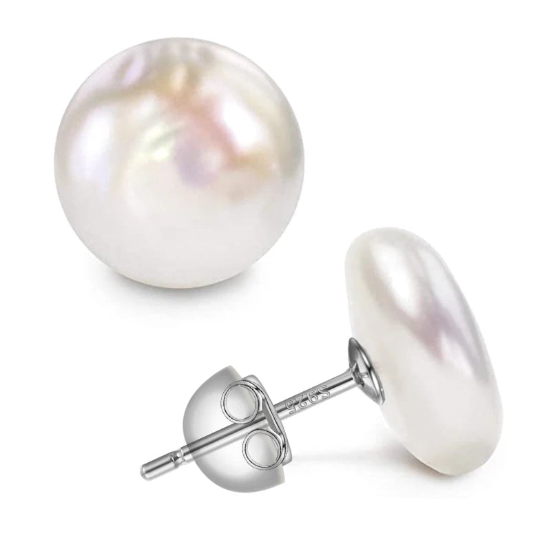 925 Sterling Silver Natural Freshwater Coin Pearl Stud Earrings