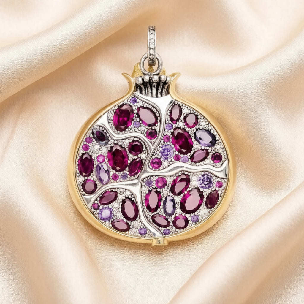 Large Pomegranate Pendant with Zircons in 925 Sterling Silver