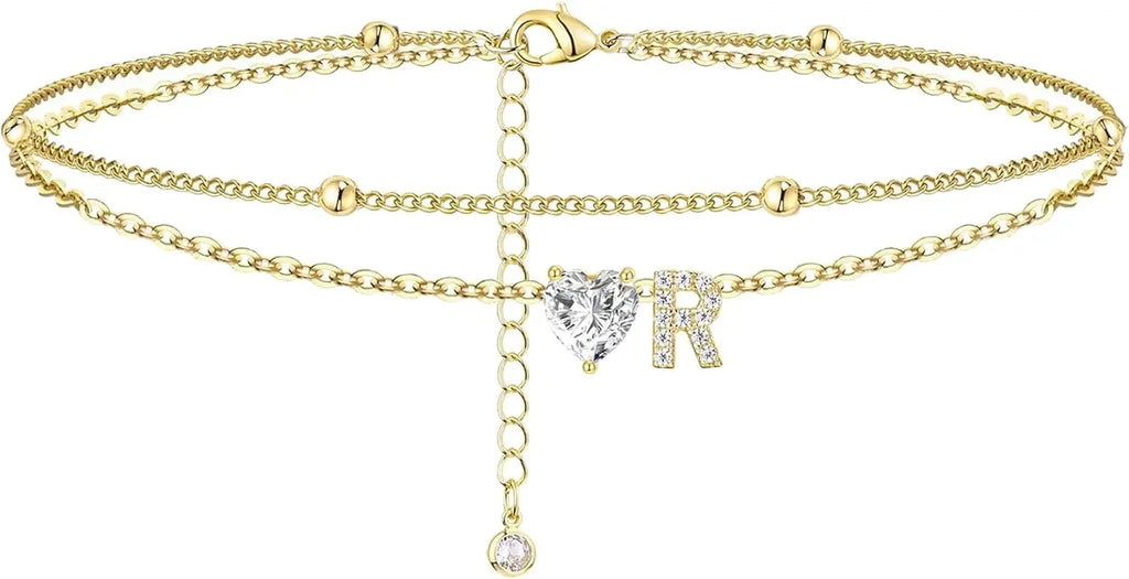 Initial 14K Gold-Plated Stainless-Steel Cubic Zirconia Heart Anklet