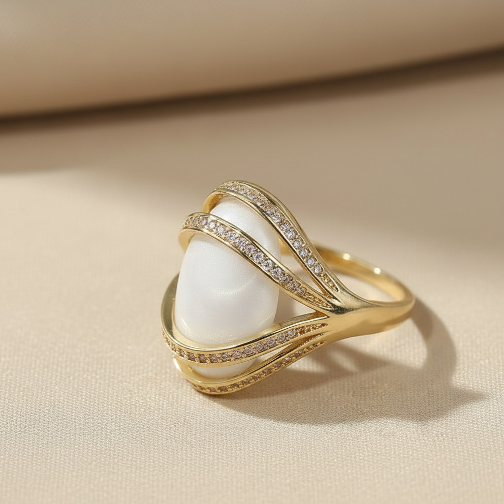 Bold Statement Brass Ring with Large White Faux Pearl & Zircon