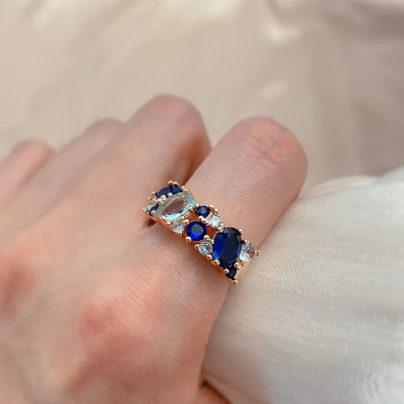 14K Rose Gold Plated Copper Earrings & Ring Set with Blue Zircons