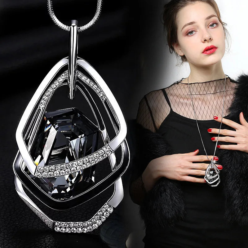 Bold Long Statement Necklace with Oversized Crystal Pendant - Choose Yours
