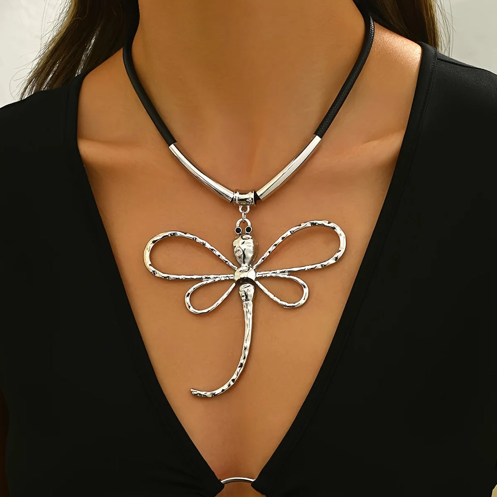 Black Cord Choker Necklace with Large Dragonfly Alloy Pendant