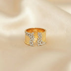 Cubic Zirconia Stones Wide Band Gold Plated Copper Ring with Wiredrawing Effect - Bold, Luxurious, Statement